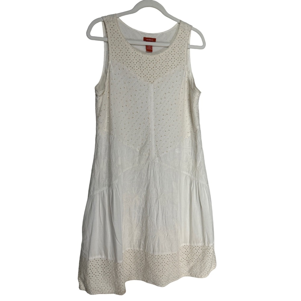 Sundance White Eyelet Floral Embroidered Cotton Sleeveless Shift Dress Size 12